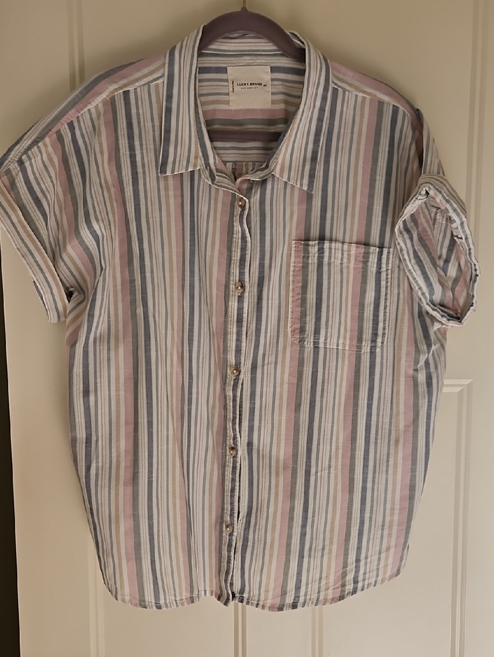 Lucky Brand Pastel Pink & Blue Striped Short-Sleeve Button-Down,  Size XXL